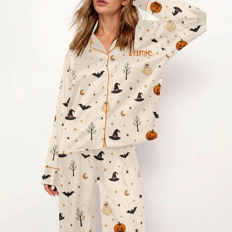 Personalized Halloween Pajamas, Custom Initial Monogrammed Pj Set, Cute Ghost Pumpkin Bat Sleepwear Shorts Set, Gift for Her, GIFT 2026