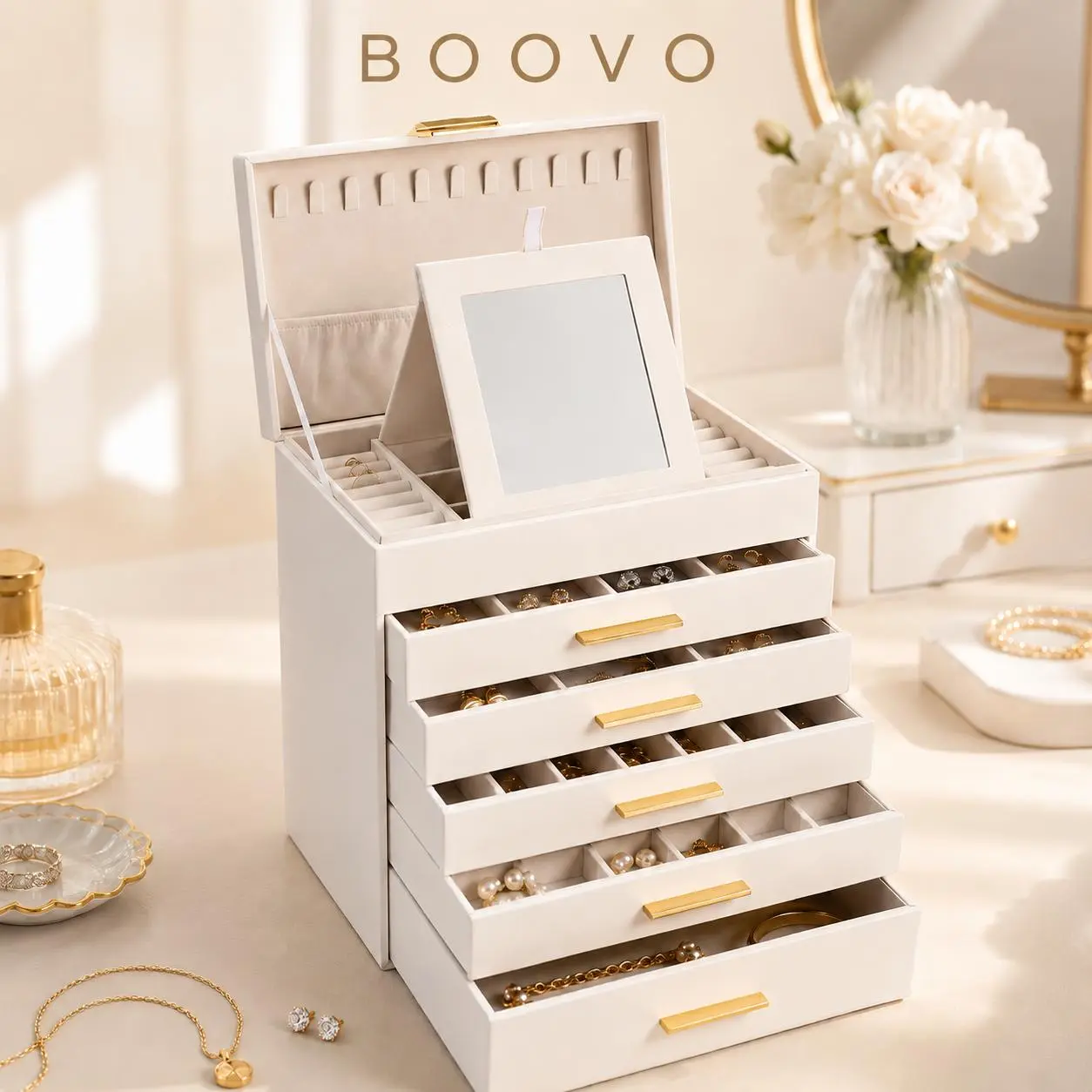 BOOVO 6-Layer Multifunctional Metal Jewelry Organizer Box - Rectangular Large-Cap PU Leather Vanity Case with Mirror, Velvet Lining for Rings/Earrings/Necklaces, Modern Single Unit with Gold Hardware Glow, Mother’s Day Gift for Women’s Home Storage