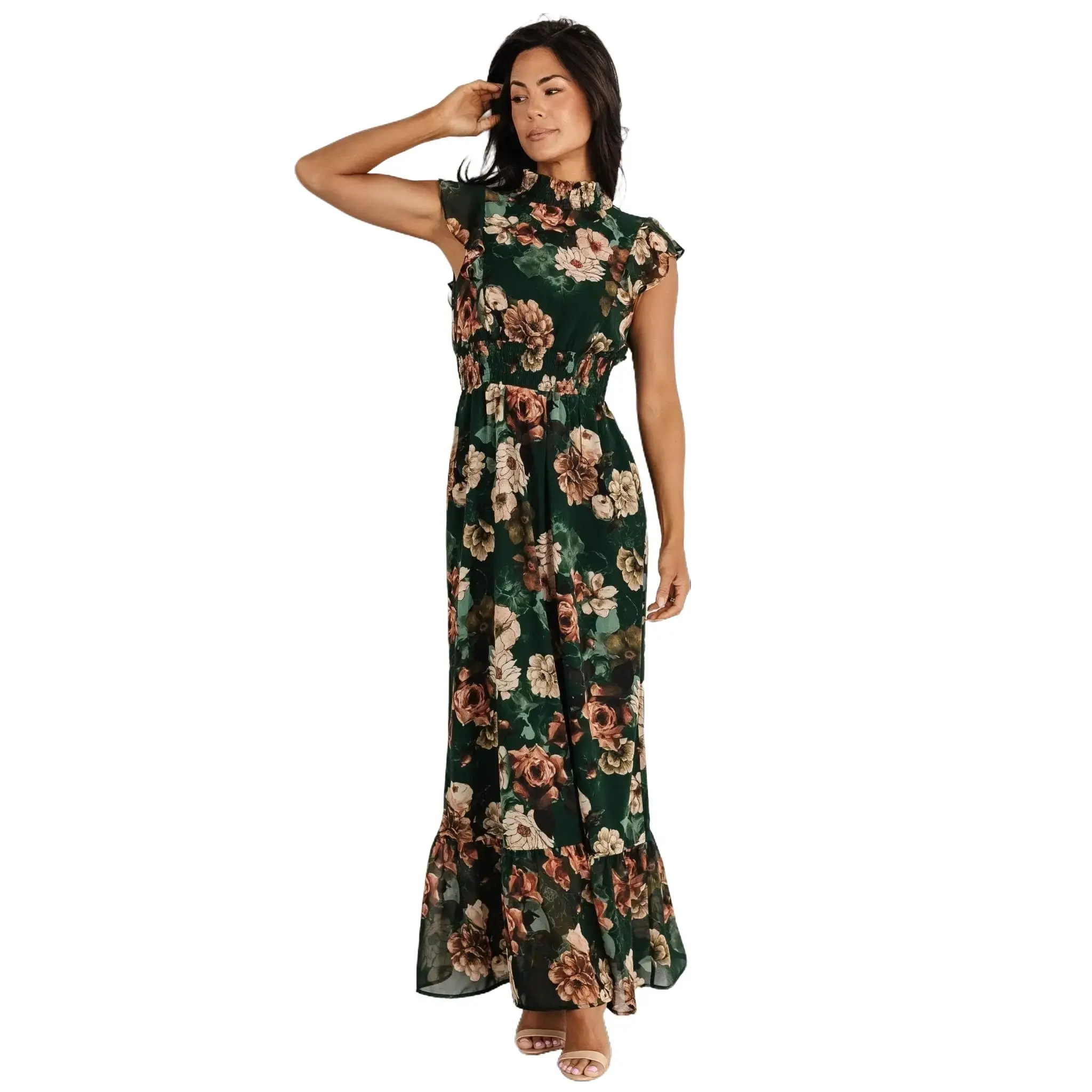 Women's Kearny Ruffle Maxi Dress - Dark Green Floral, Chiffon, Bump Friendly Outfits, Back Buttons, Everyday Casual Wear