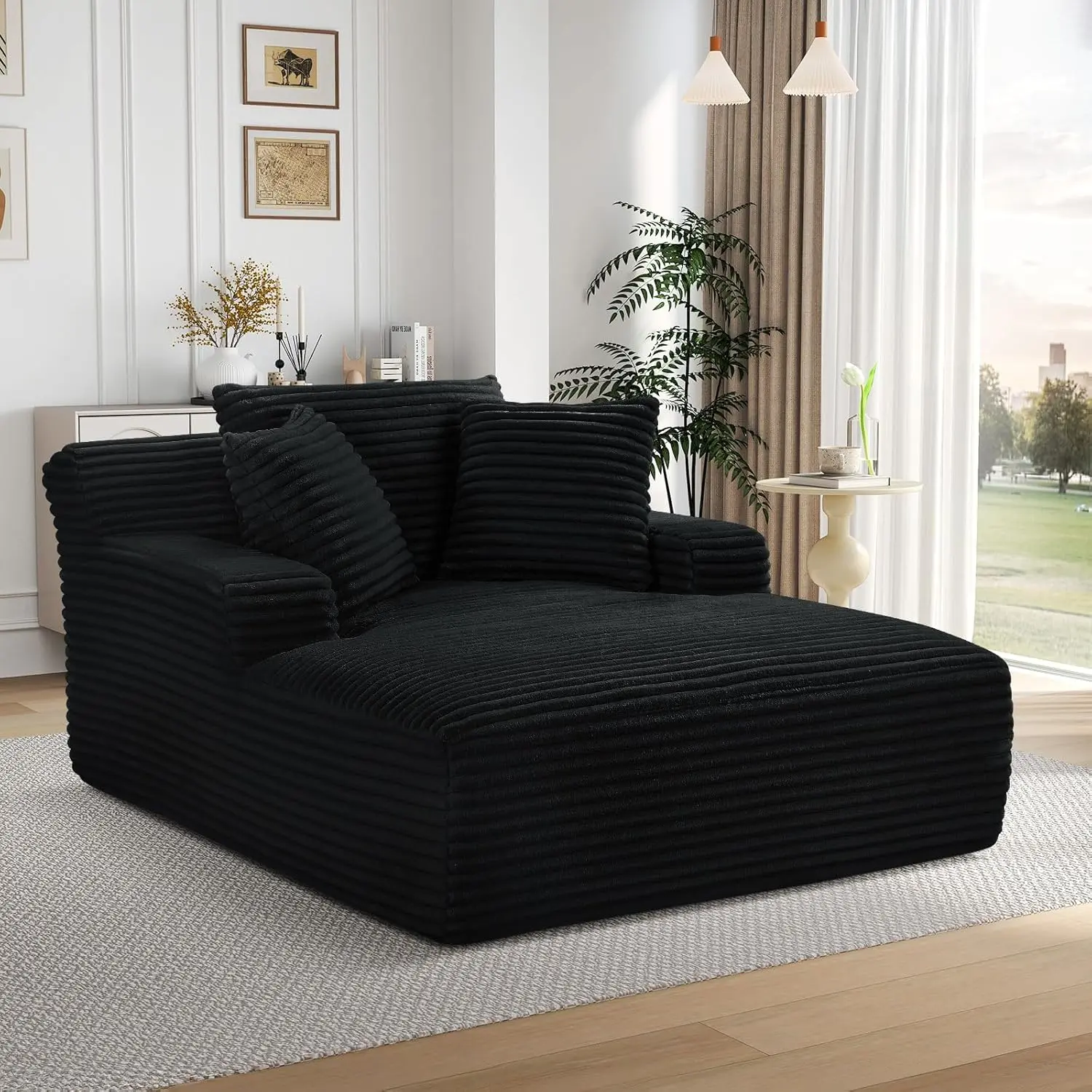 【Fall Deals For You】 Niccae 65" Boneless ChaiseLounge with Cup Holders, Upholstered Sofa Bed withThrow Pillows and Armrests, indoor Sleeper Chair-Luxurious Plush Corduroy Chair Bed for Living Room-No Assembly Required