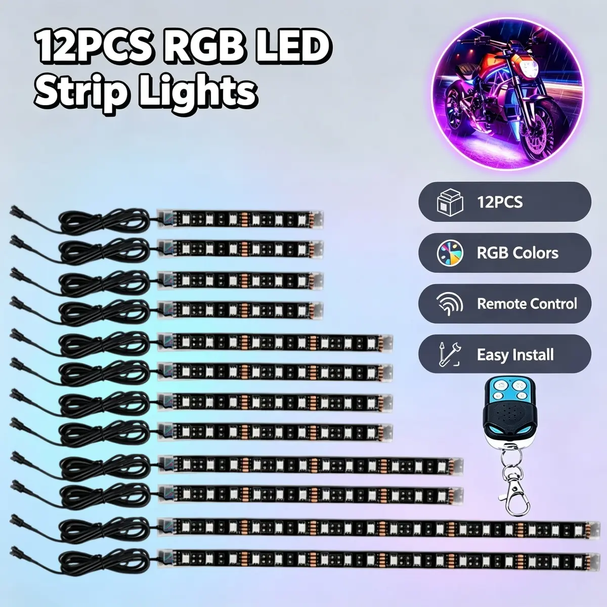 12PCS RGB LED Motorcycle Underbody Light Kit, Waterproof Flexible Multi Color Neon Accent Lights with Remote & Music Mode, Universal 12V Atmosphere Light Strips for Golf Cart, Motorcycle, ATV, UTV, Truck SUV