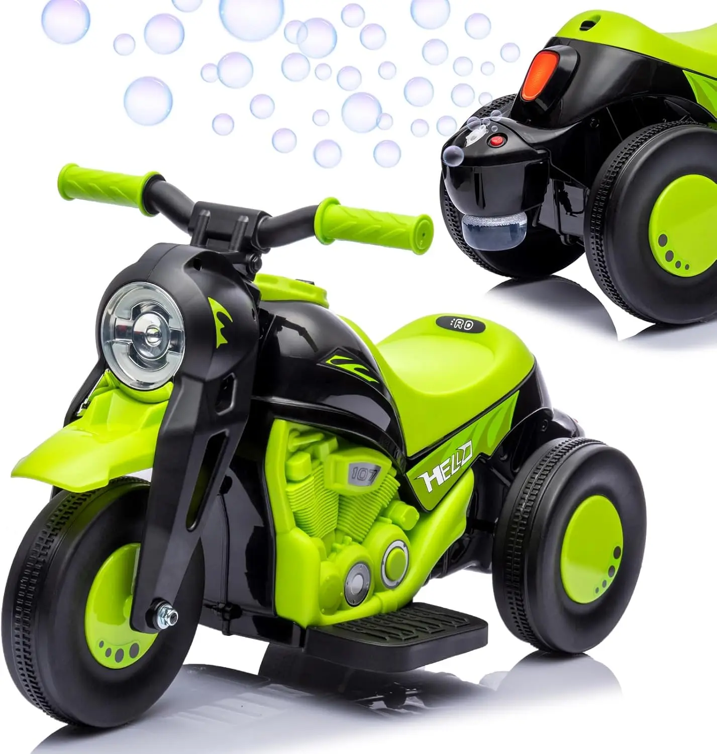 6V Unisex 3-Wheeler Ride-On Bubble Motorcycle Toy - Durable Design, Manual Drive, Realistic Features (Bubble Maker, Lights, Music, Engine Sounds, Horn, Seat Belt, Hook), Sturdy Construction, Green, for 12+ Years, Birthday & Christmas Gifting