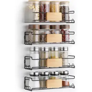 4-Pack Wall Spice Rack - Matte Black Spice Organization for Cabinet with Bamboo Plank - 2 Mounting Options Floating Shelves for Kitchen, Bathroom, Laundry Room, Pantry Organizers and Storage