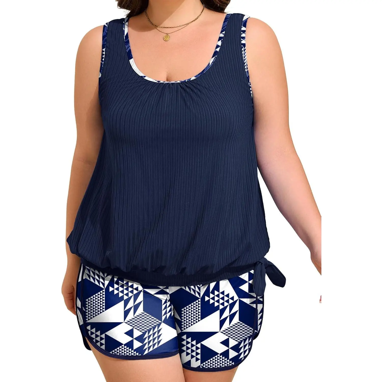 Blouson Tankini Swimsuits for Women Two Piece Modest Bathing Suit (S-24W)(Gift)