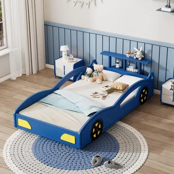 Wooden Race Car Twin Platform Bed with Side Safety Rails & Storage Shelf, Car-Shaped Bed Frame with Wheels
