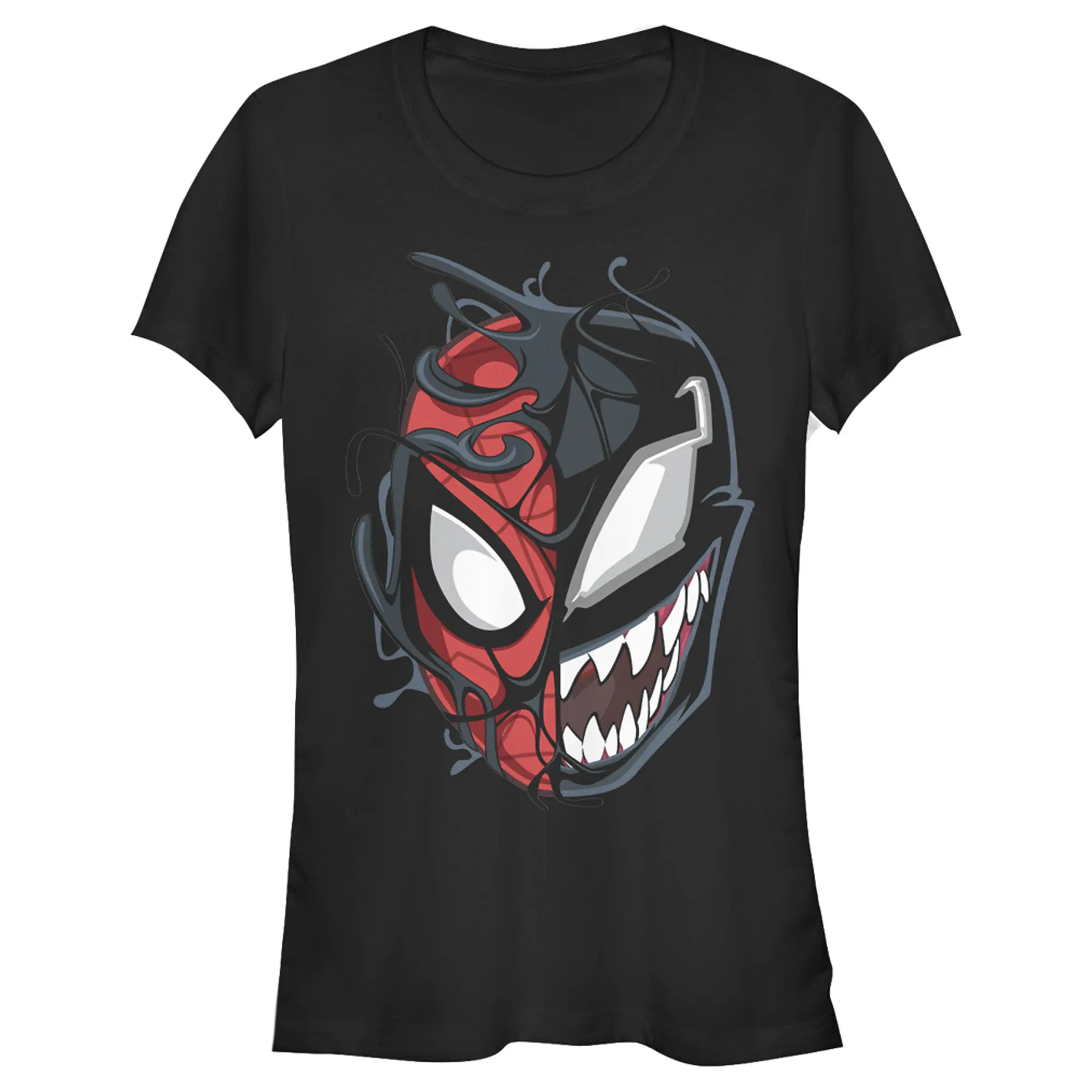 Juniors Womens Marvel Spider-Man Venom Mask Split T-Shirt