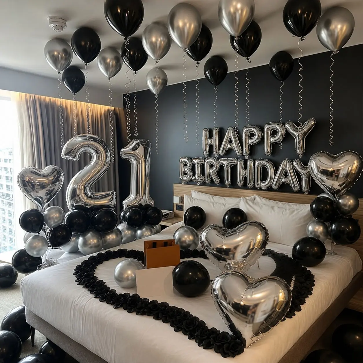 1050pcs Thickened Material Black & Silver Glamorous Balloon Decor Kit - 200 Black Latex Balloons, Banner, Shiny Heart Shape Aluminum Foil Pieces, Rose Petals for Birthday, Anniversary Party Supplies