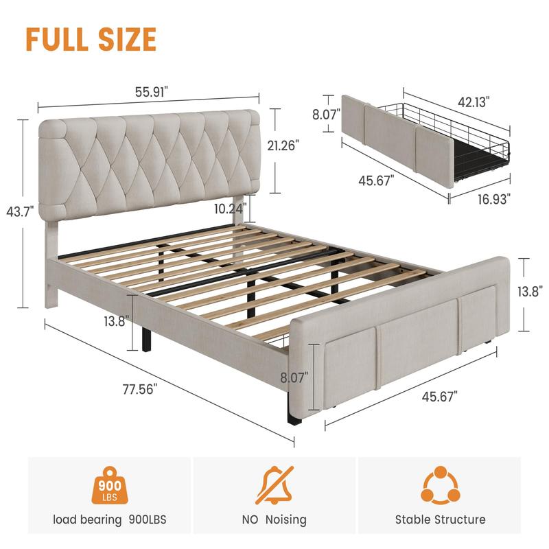 Full Size Bed Frame, Upholstered Platform Bed Frame with Storage Drawers, Mattress Foundation with Solid Wooden Slats Support, No Box Spring Needed, Beige