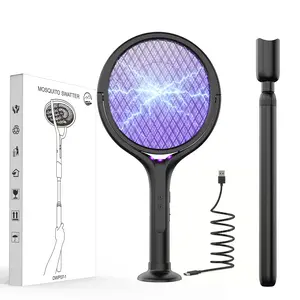 4000V Electric Fly Swatter Racket with  Base and 17–27.4in Extension Rod, 1800mAh Smart Bug Zapper, Powerful Mosquitoes Trap Lamp & Fly Killer with 3-Layer Safety Mesh for Home, Bedroom, Kitchen, Patio