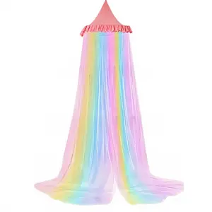 Rainbow Bed Canopy Mosquito Net, Aesthetic Round Ceiling Hanging Tent, Easy No Installation Bed Curtain for Girls Bedroom & Dorm