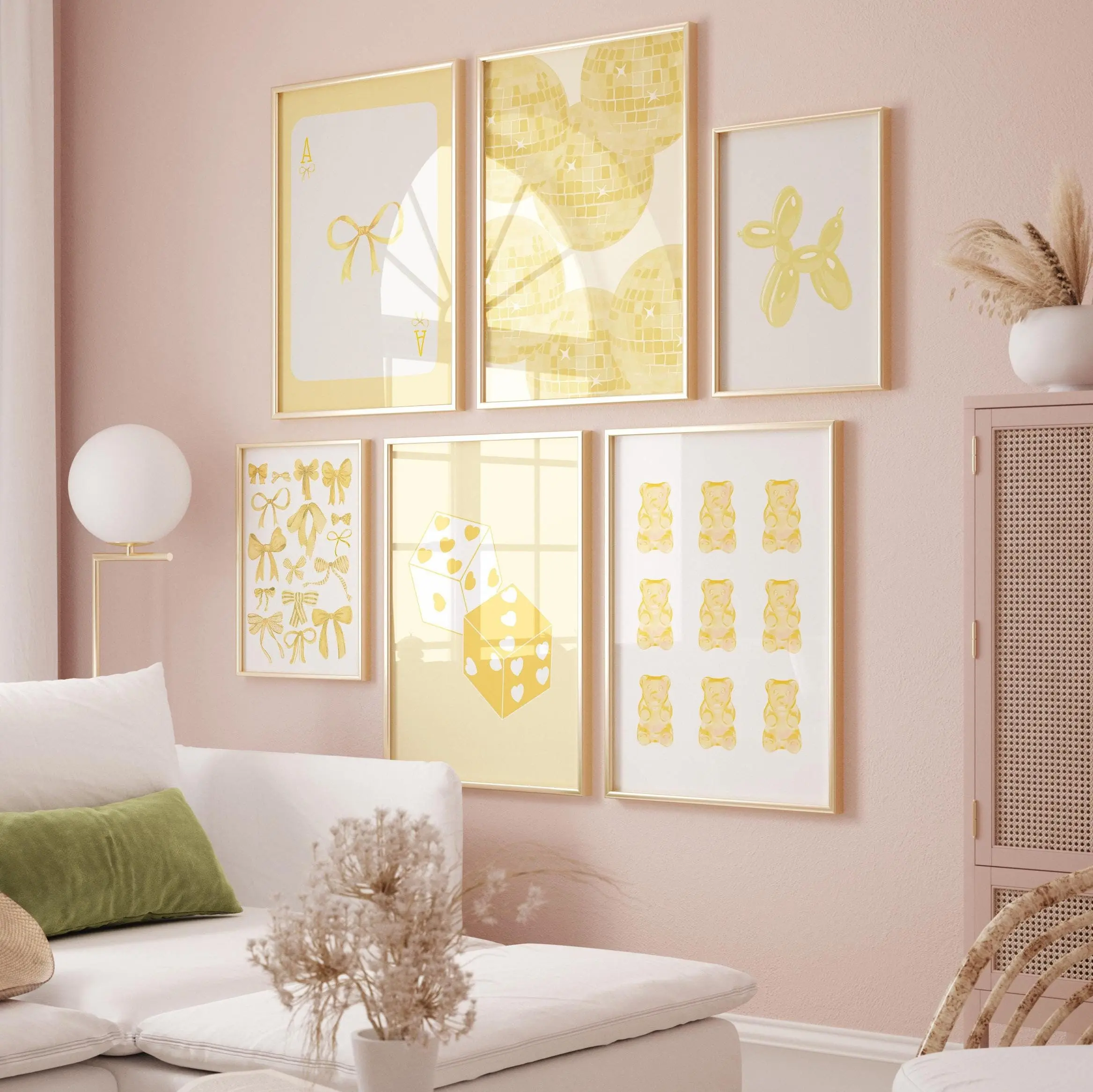 Yellow Wall Art Set Print No Frame, Trendy Gallery Wall Set Of 6 Yellow Art Print, Preppy Print, College Dorm Decor, Yellow Prints, Aesthetic Print, Bow Wall Art