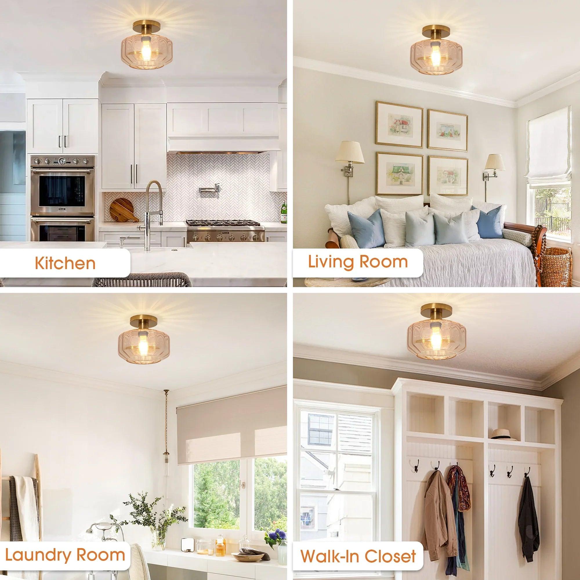 Modern Gold Semi-Flush Mount Ceiling Light | 9" Gerald Rippled Glass Lighting Fixture