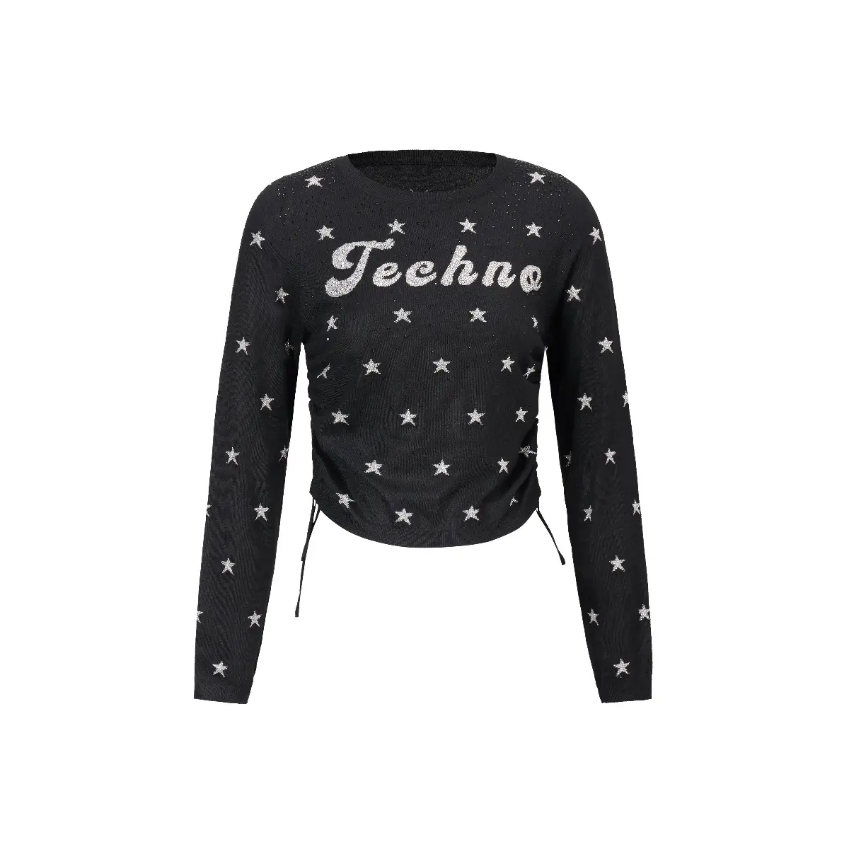 TCH - Black Star Hot Diamond Knitted Shirt with Drawstring Waist, Hot Girl Women's Short Top