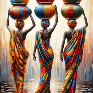 Vibrant African Women Carrying Colorful Pots 5D Full Drill Diamond Painting Kit Traditional Tribal Ethnic Art DIY Cross Stitch Mosaic Craft Bold Home Wall Decor Handmade Gift for African Culture & Art Lovers