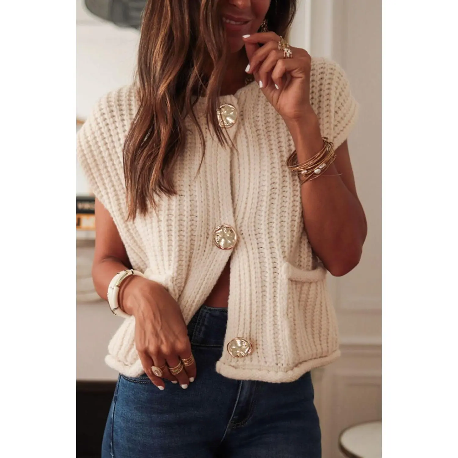 Button Down Sweater Vest with Pockets
