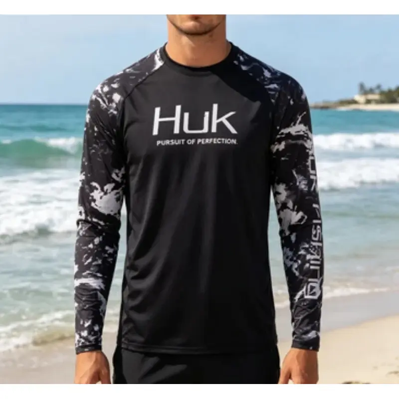 HUK Mens Long Sleeve Fishing Jersey Quick Dry Lightweight Sun Protection Hooded Fishing Shirt