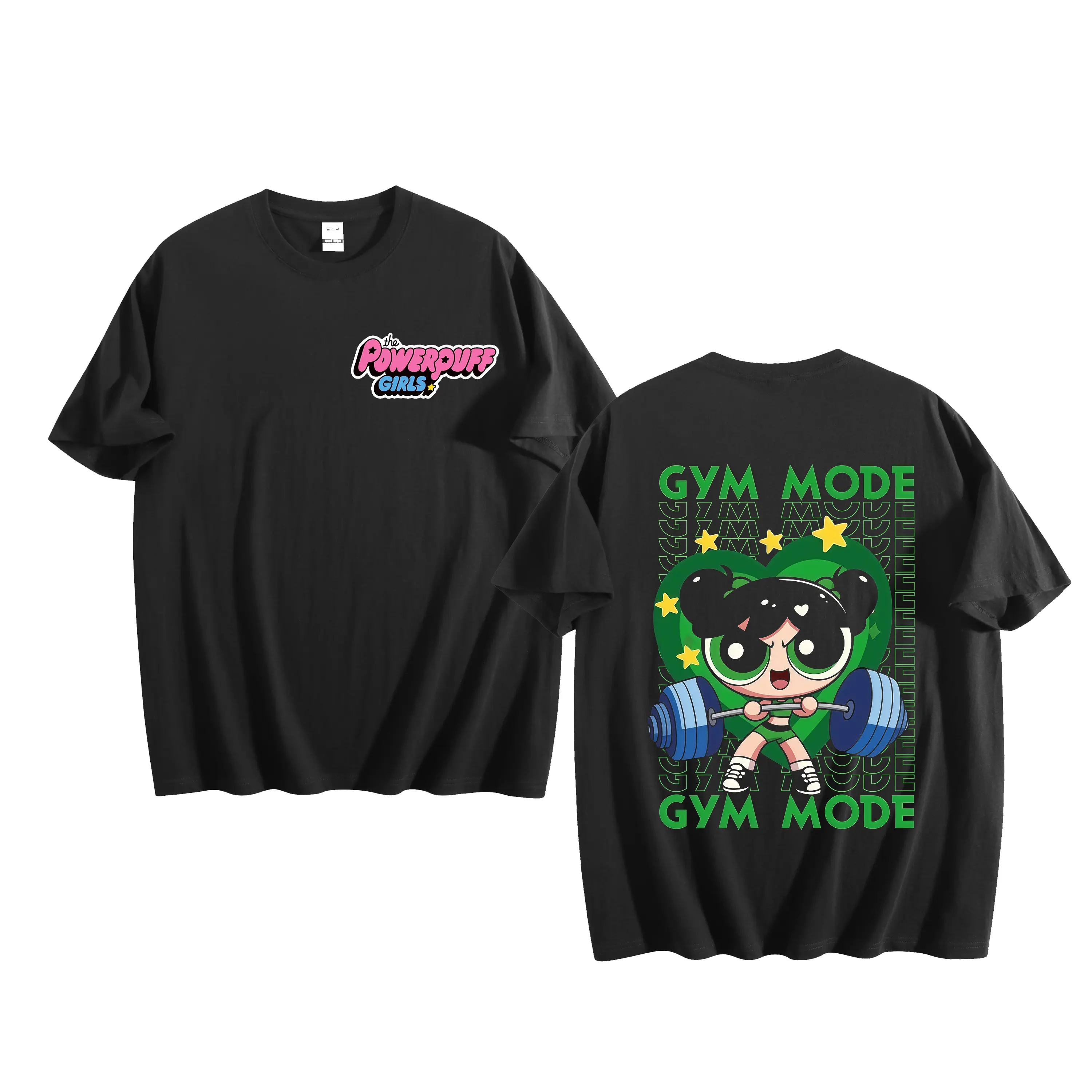 Menswear Unisex Crewneck Cotton Tshirt - The Powerpuff Girls Super Oversized Graphic, Short-Sleeve, Herringbone, Breathable Stretchy Fabric, Little Hero Girls Team Cartoon Print, Suitable for Workouts, Valentines Day Wear, Shortsleeve, Breathable Fabric