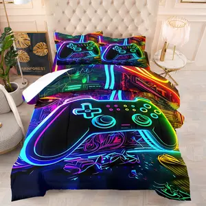 Cool Game Controller Comforter Set,Thickened Thermal Bedding Set,With Quilt Core /Without Pillow Core ,Full Size,Colorful Neon Design,Perfect for Boys Teens Gamer Bedroom Decor & Gaming Lovers, Bed Blanket