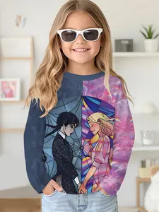 Two-tone Glass Wednesday Digital Printing Long-sleeve Crewneck Drop-shoulder Sweatshirt Top T-shirt, Long-sleeve T-shirt Clothing for Girls in Spring and Autumn, 100% Polyester, The Best Gift for Girls
