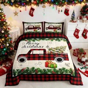 Christmas Truck Car Comforter Set,Kids Cartoon Xmas Pine Tree Bedding Set,Vintage Red Black Checkered Quilt Set,Girls Boys