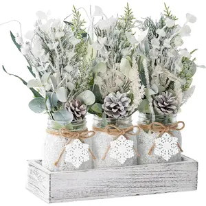 Winter Centerpieces for Tables, Table Decor with Mason Jar, Flowers Picks, Farmhouse Wood Tray, Snowflake Sign, Christmas Winter White Wonderland Table Decorations Centerpieces Indoor for Home