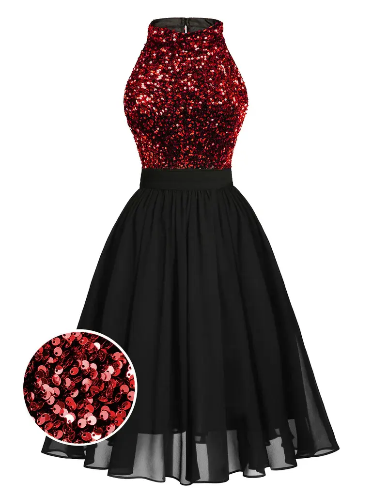 RETRO STAGE Women's 1950s Vintage Colorblock Swing Dress with Red Sequin Bodice and Gold Glitter, Knee-Length Formal Party Wear, Formal Wear