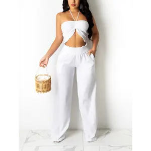 Womens' Halter Neck Sleeveless Crop Top & High Waist Loose Long Length Pants in Comfortable Fabric with White Collar Spring Trouser Short