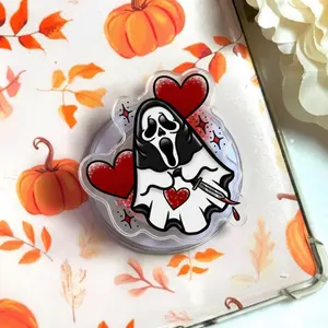 Aesthetic Heart Ghostface Phone Holder - Unique Horror Movie Gift for Bestie, Traditional Tattoo Style Acrylic Grip, Cool Spooky Accessory for Women,