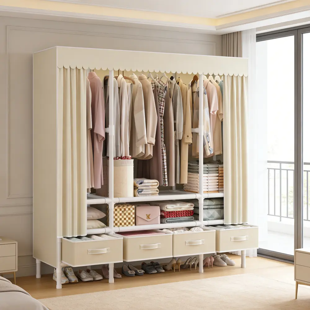 Scalloped Trim Fabric Wardrobe, Fully Enclosed Blackout Dustproof Design, Reinforced Metal Frame with Dual Hanging Rods, 4 Large-Capacity Drawers, Multi-Tier Storage Shelves, Tool-Free Quick Assembly, Available in Rice Black & 2 Other Colors