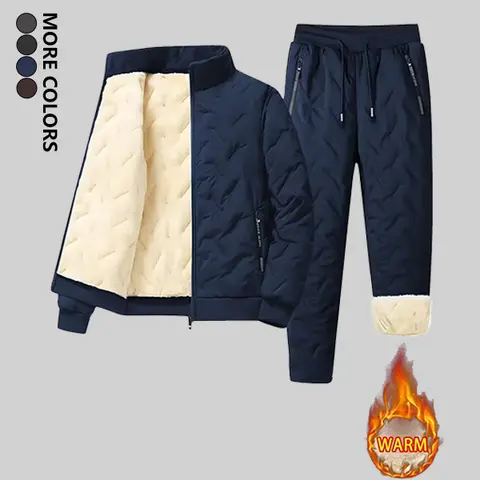 Men's Winter 2-Piece Fleece Sweatsuit Set - Long Sleeve Thick Warm Jacket with Pockets, Straight Pants, Solid Color Polyester Sportswear, Sporty Fitted Athleisure Outfit, Easy to Care for Cold Seasons