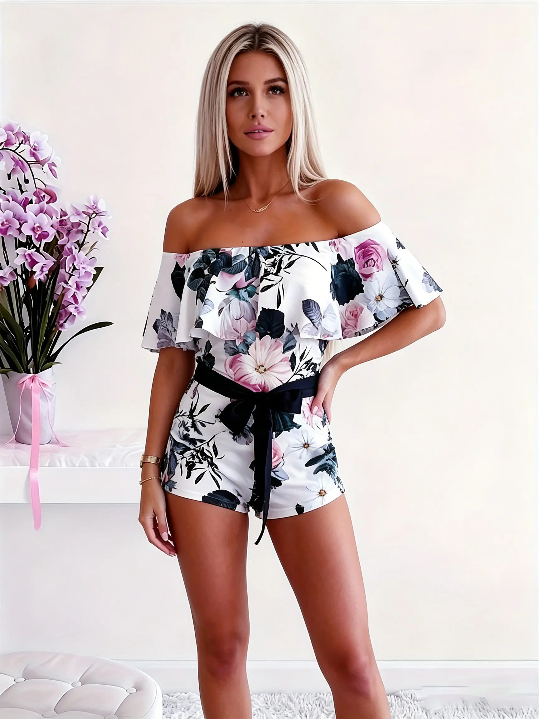 Women's Floral Print Polyester Romper, Elegant Off Shoulder Playsuit with Ruffle Sleeves and Belt for Summer Holiday