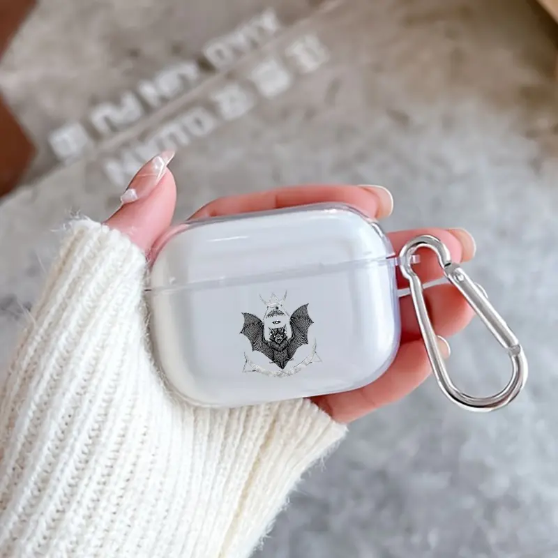Bat in Triangle Pattern TPU Soft Protective Case for Apple AirPods 4/3/2/1/Pro/Pro2 Transparent Earphone Cover with Keychain Attachment