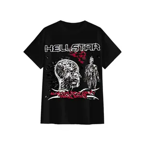 Hellstar Graphic T-Shirt, 100% Cotton Cream White Oversized Streetwear Tee, Vintage Skull & Flame Print, Unisex Dark Aesthetic Short Sleeve Top for Men Women