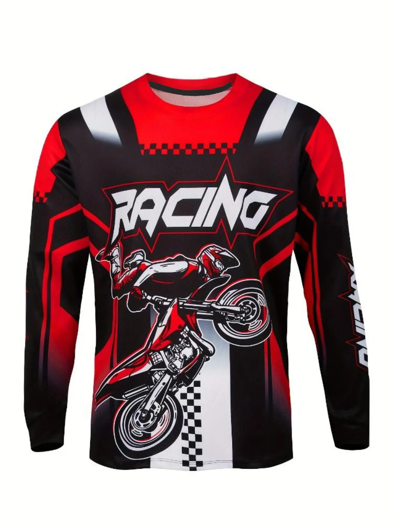 Men's Motorcycle Racing Long Sleeve Shirt - MTB Jersey with Red Racing Graphic, Motorsport Racing Jersey, All-Season Motocross Top for Mountain Biking, Motocross Gear, Outdoor Sports Apparel