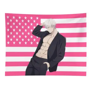 Gojo Satoru Pink American Flag Anime Durable Decorative Tapestry 3x5 FT - Polyester Otaku Trend Wall Hanging for Bedroom & Dorm Decor, Anime Fan Art Banner