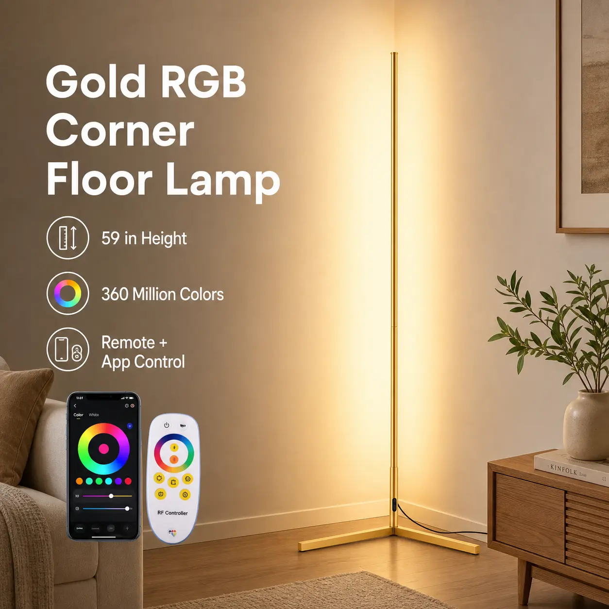 EPLIGHT Smart LED Corner Floor Lamp, 16 Million Multifunction Dimmable RGBCW Colors, Music Sync Changing,with Remote & APP Control, LED Light for Room Decor Interior Rgb Lighting Led Atmosphere Lamp