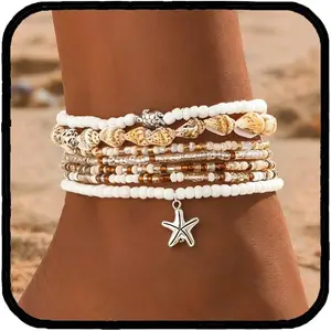 Beaded Boho Anklets for Women, Beachy Shell Anklets for Women, Puka Shell & Starfish Charms Beach  Adjustable