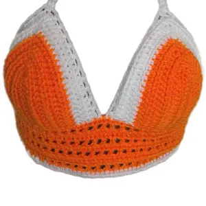 Crochet Bikini Top - Orange & Gray Design, Adjustable Straps, Soft Knit Fabric