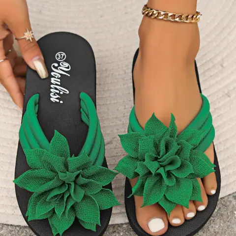 【This style runs small. Please order one size up.】Women's Fashionable Plain Color Flower Decorated Slides, Casual Comfortable Flat Sandals for Summer, Lightweight Breathable Shoes for Daily Wear, Girl, Fashionable Comfy Sandals