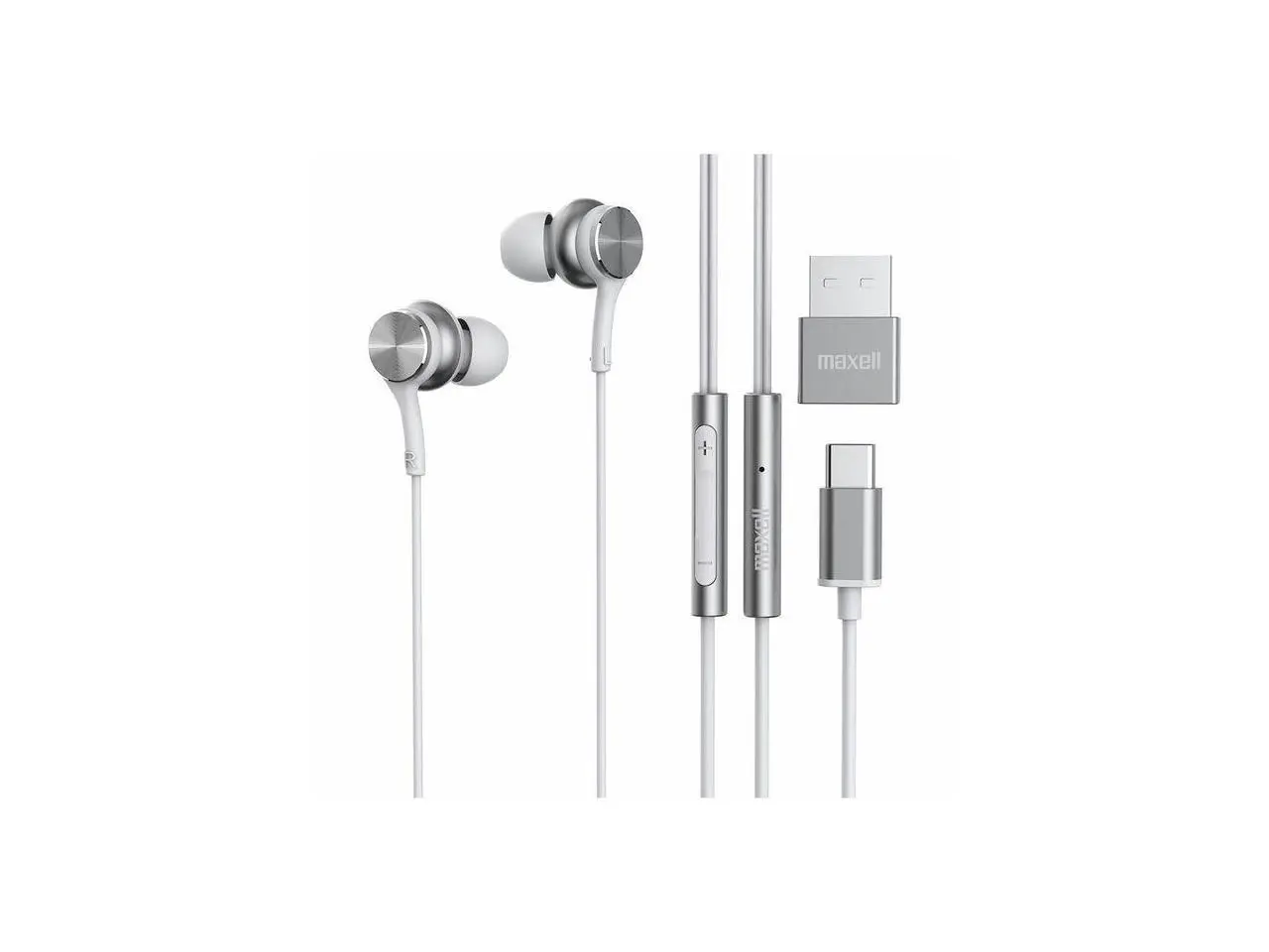 Maxell Fusion X USB-C Earbuds - Stereo - USB Type C - Wired - 32 Ohm - 20 Hz to 20 kHz - Earbud - Binaural - In-ear - 3.94 ft Cable - White