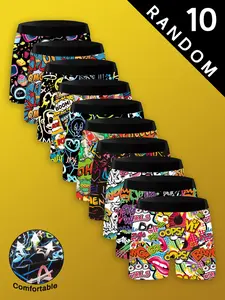 Random Graffiti Print Men's Boxer Brief, Casual Comfy Breathable Underwear for Daily Wear, Men's Underwear for All Seasons