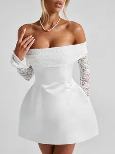 Women's Sexy Casual Chic Fitted Lace High Waist Slim Fit Long Sleeve Short Dress, Spring & Fall Fashion, Plain Pattern, All Seasons Wear