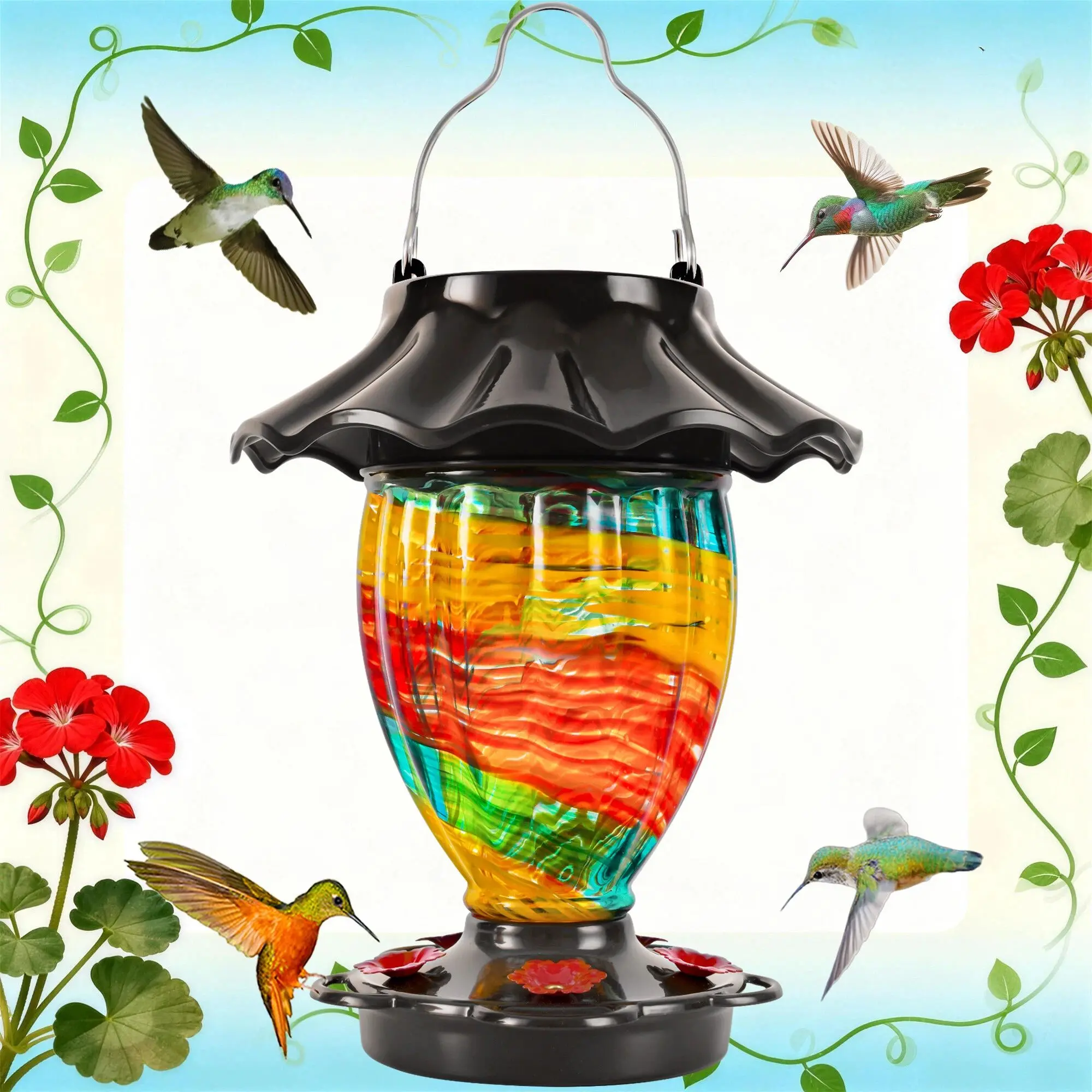 LUJII Solar Hummingbird Feeder - Solar Bird Feeders for Outdoors, 32 fl.oz Leakproof Waterproof Rustproof Lighted Lantern, Color-Changing Hand-Blown Glass, Patio Decor with Ribbon, Unique Gift for Bird Lovers