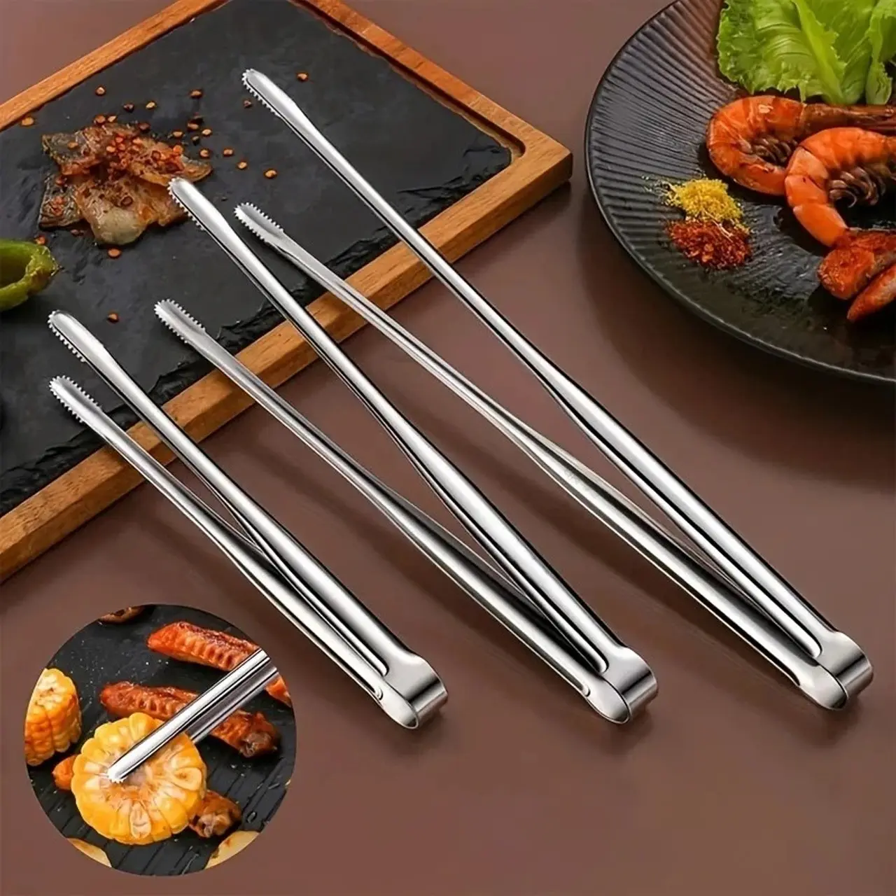 Set of 304 Stainless Steel Korean BBQ Tongs, 7/9/12 Inch Food Clips, Grill Meat Frying Tools, Picnic Barbecue Self-Service Tongs, Grill Utensils, Grilling Tools, Outdoor Bbq Utensils