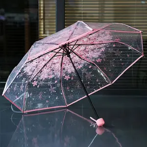 Clear Cherry Blossom Pattern Foldable Umbrella, 1 Piece Portable Waterproof Umbrella, Durable Umbrella For Outdoor Activities, Portable Rain Umbrella