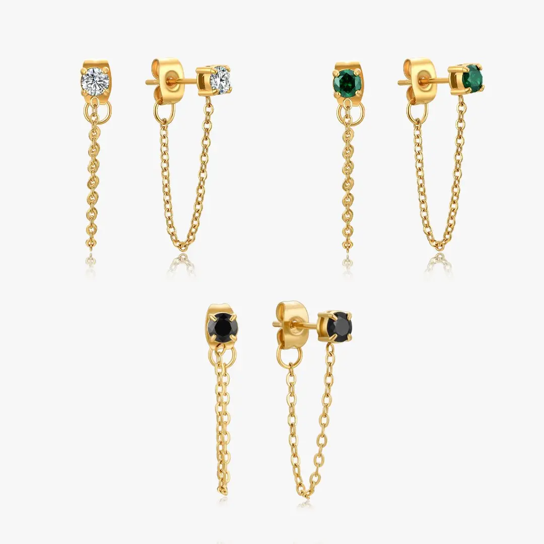 Single Gem Chain Gold Earrings