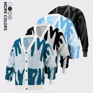 Men's Casual V-Neck Knit Cardigan, Long Sleeve Button-Up with Letter Graphic, Soft Durable Sweater Essential for Spring/Fall Office & Daily Wear