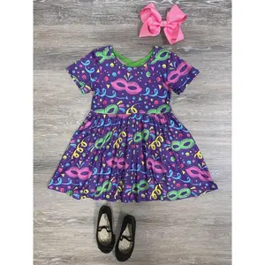 Little Miss Mardi Gras Girls Purple Short Sleeve Dress with Colorful Masks for Parades & Parties