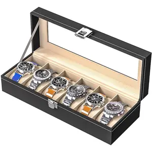 Watch Display Case For Men,Leather Watch Organizer Box,Watch Travel Organizer Tray,Watch Collection Storge Holder For Women (Black Leather, 6 Slots)