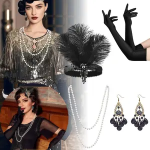 4PCS 1920s Flapper Costume Accessories Set Women’s Flapper Beaded Rhinestone Headband/Satin Gloves/Pearl Necklace Adjustable Black christmas  gifts Vintage Fashion Jewelry Set Glamour Set
